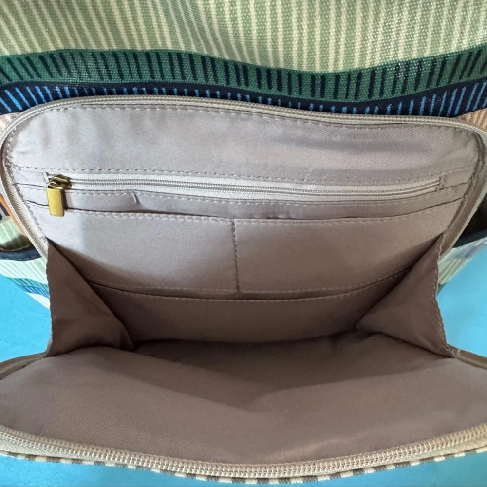 Fossil Elina Striped Coated Canvas Backpack, with Leather Trim Retail $275